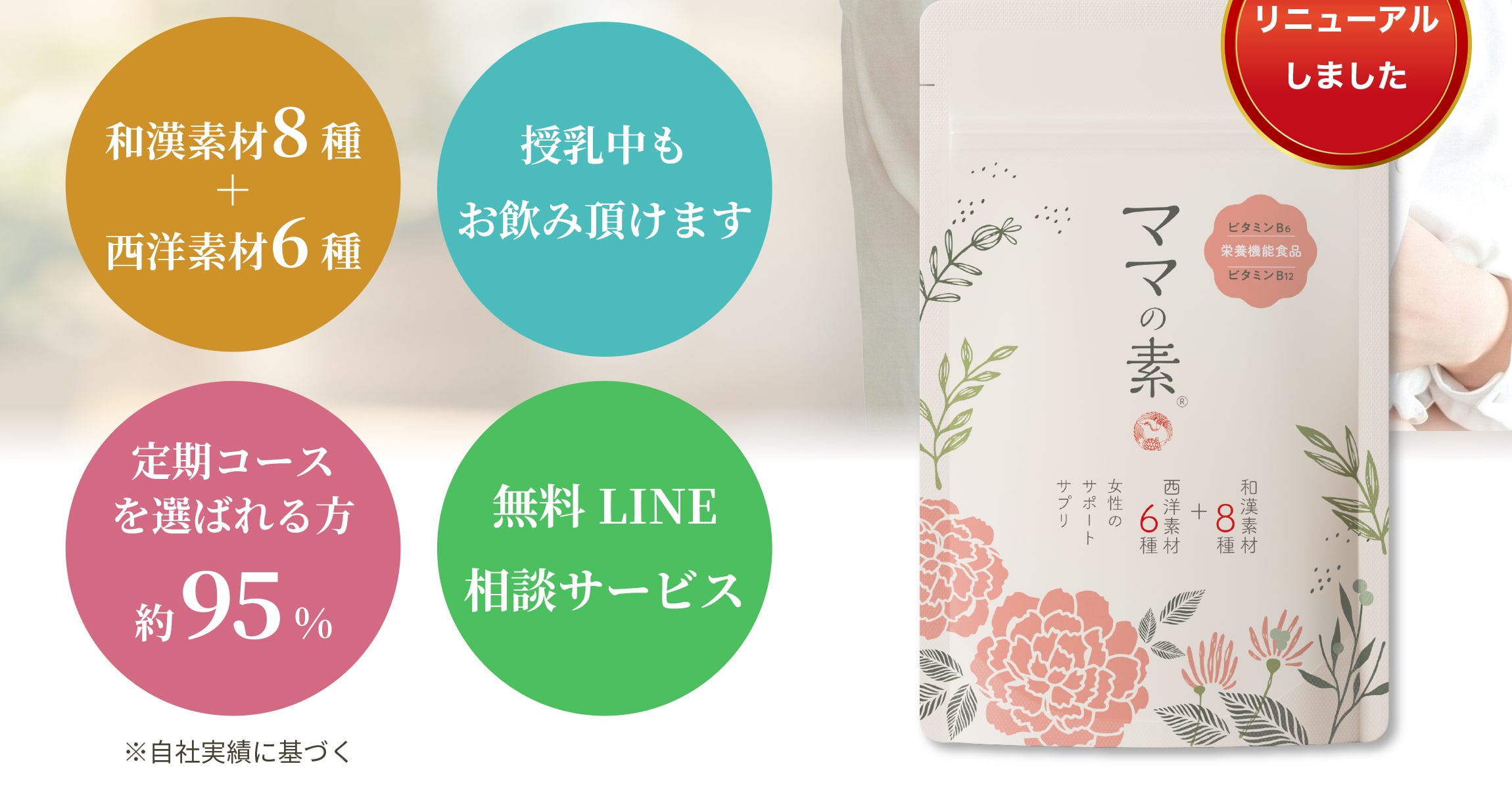 リニューアルしました。和漢素材8種＋西洋素材6種。授乳中もお飲み頂けます。